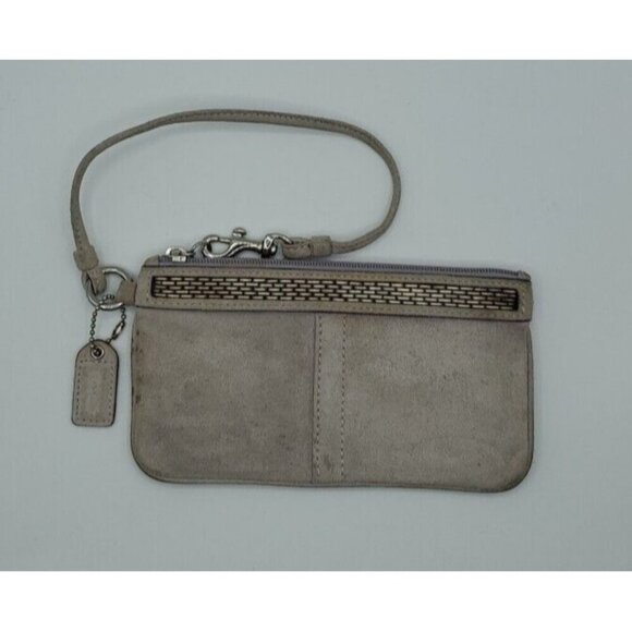 Coach Signature Beaded Leather Tan Suede Wristlet Wallet w/Lavender Lining - Picture 1 of 9